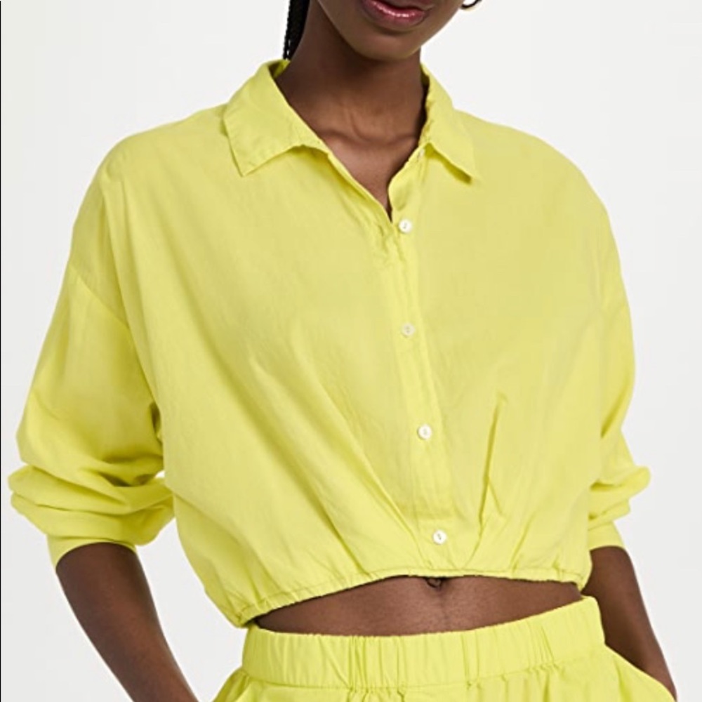 Velvet neon yellow crop button down